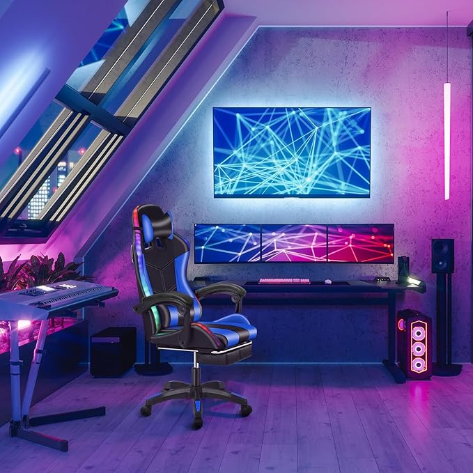 Gaming Chair with Bluetooth Speakers LED Light Adjustable Height Retractable Footrest &amp Massage Lumbar Support - Ergonomic Office Computer Chair for Adults Gamers Internet Cafe Home Blue