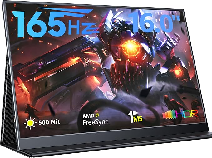 165Hz Portable Gaming Monitor 16 1920x1200 500 Nits Laptop Monitor Second Computer Display with Speakers Dual Screen Travel Monitor for PC Phone PS5/4 Xbox Switch