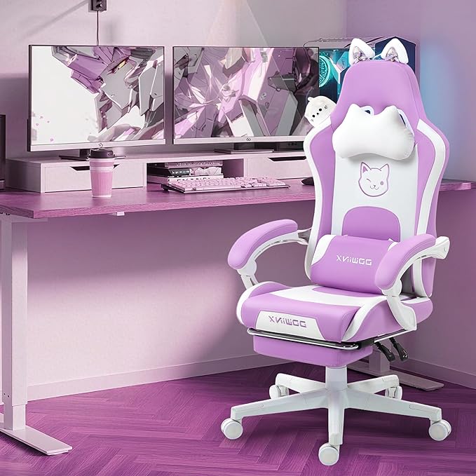 Dowinx Gaming Chair Cute with Cat Ears and Massage Lumbar Support Ergonomic Computer Chair for Girl with Footrest and Headrest Comfortable Reclining Game Chair 290lbs for Adult Teen Purple