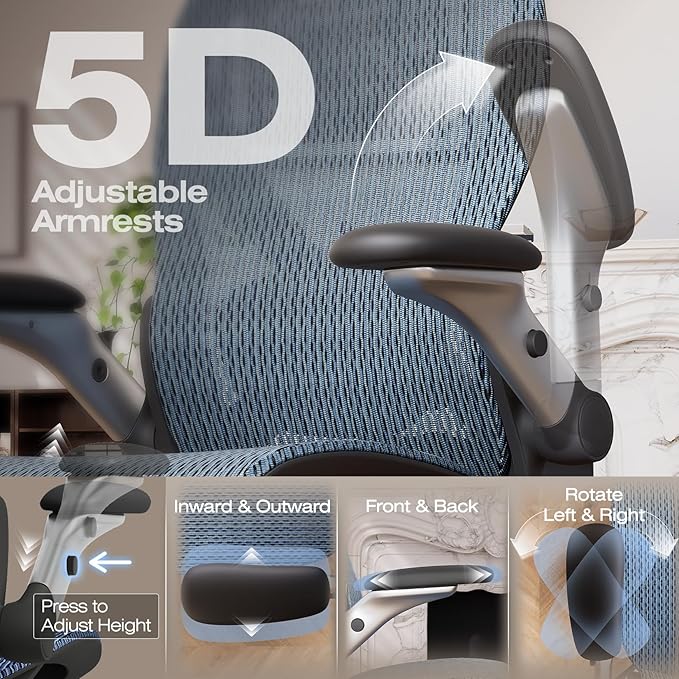 ELABEST X100 Ergonomic Office Chair with Footrest Big and Tall Home Desk Chair with 5D Flip-Up Arms Adjustable 3D Lumbar SupportHigh Back Rolling Computer Chair Swivel Mesh Chairs (Oaxaca Blue)