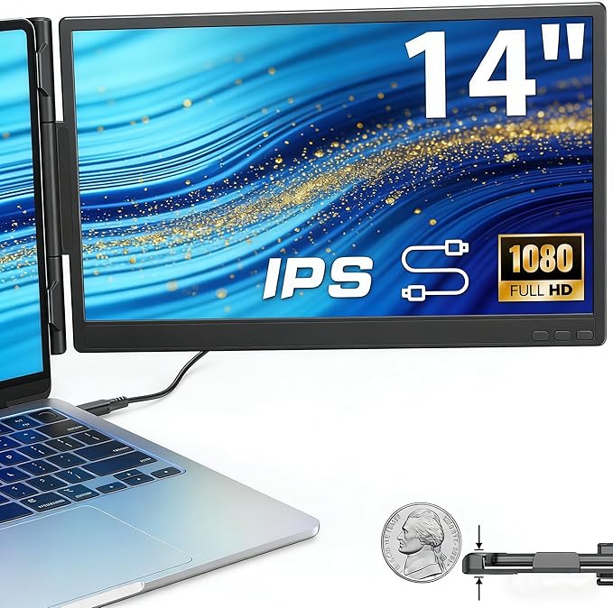 14 Laptop Screen Extender FHD 1080P IPS Travel Dual Monitor 226° Rotation Portable Monitor for Laptops 13-16 with USB-C/HDMI Port Plug-Play for Win/Mac/Chrome/Android