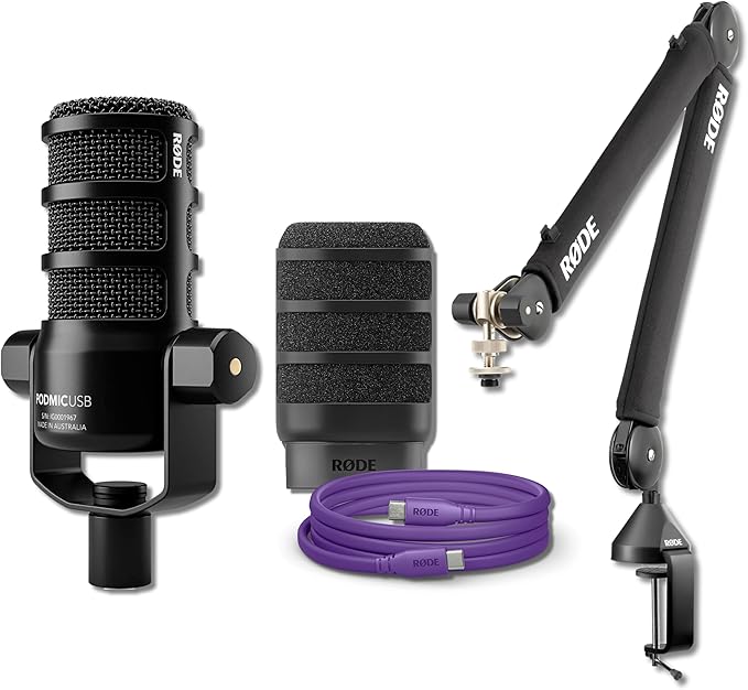 Rode PodMic USB Dynamic Broadcast Microphone with Rode PSA1+ Broadcast Microphone Boom Arm XLR Cable and SC27 USB-C to USB-C Cable (Purple)