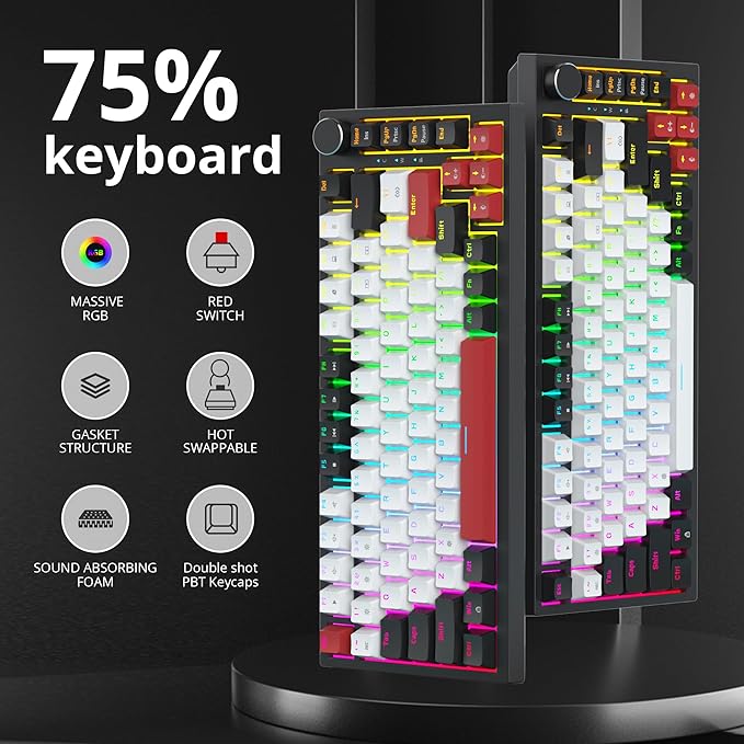 75 Percent Keyboard Gasket-Mounted with Sound Absorbing Pads 82-Key Compact Wired RGB Mechanical Gaming Keyboard Hot-Swap Socket for Win White