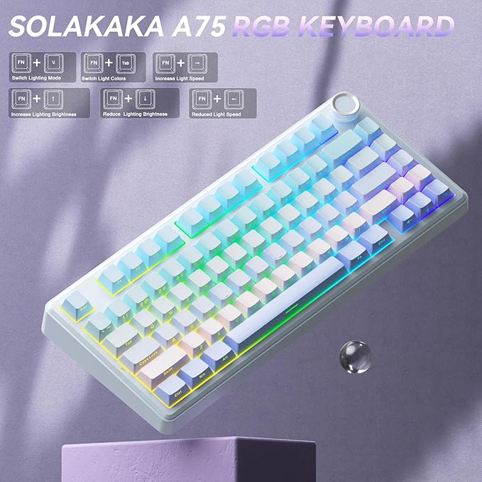 SOLAKAKA A75 Wireless Mechanical Keyboard Hot Swappable Gaming Keyboard with RGB Backlit Multifunction Knob Gasket Mounted Creamy Keyboard BT5.0/2.4GHz/USB-C 75% Compact Layout for Win/Mac/PC