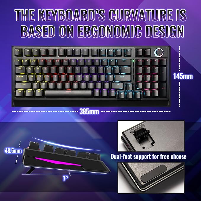 Mechanical Gaming Keyboard with Red Switches: 98 Keys PC Gaming Keyboard with BacklitMulti-Function Volume &amp Lighting KnobAnti-Ghosting Wired USB keybaord for Elite PC/Mac Gamers
