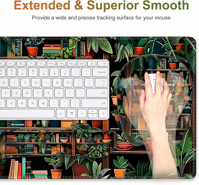 Mouse Pad with Wrist Support 4 in1 Set XXL Big Game Mousepad + Keyboard Wrist Rest + Mouse Wrist Rest Pad +Coaster Gaming Mat for Home Office Work Computer Laptop PC I Green Vine Book Forest