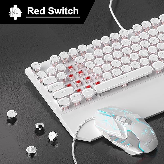 Retro Typewriter Keyboard and Mouse Combo Cute White Keyboard with Linear Red Switches Full Size Wired Mechanical Gaming Keyboard Cool Light Up Keyboard and Mouse for GamingWorkMacPCWindows
