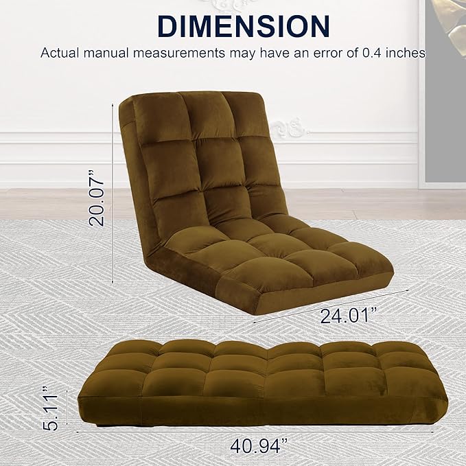 Floor Chair 24 inches Wide Oversized Velvet Armless Lay Flat Floor seat Padded Meditation Chair with 6 Adjustable Position Ergonomic Comfortable Convenient (Modern LRSF-014-TAN)
