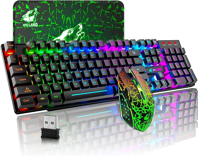 Wireless Gaming Keyboard and Mouse Combo Rechargeable 2.4G Keyboard Mouse with Rainbow Backlit Quiet Mechanical Feel 29-Key Anti-Ghosting 2400 DPI Mouse and Mouse Pad for PC Mac