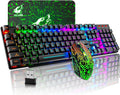 Wireless Gaming Keyboard and Mouse Combo Rechargeable 2.4G Keyboard Mouse with Rainbow Backlit Quiet Mechanical Feel 29-Key Anti-Ghosting 2400 DPI Mouse and Mouse Pad for PC Mac