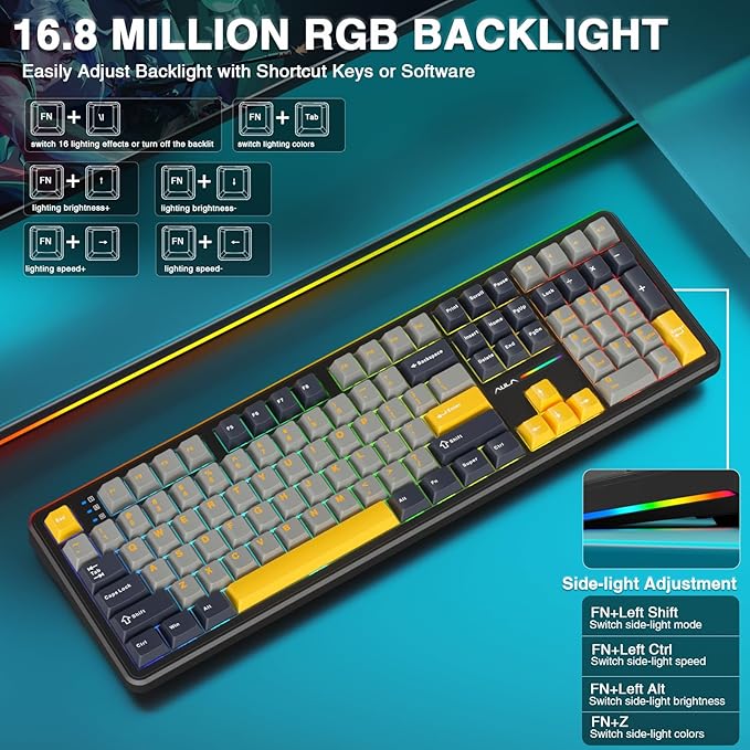 AULA F108 Wireless Mechanical Keyboard BT5.0/USB-C/2.4GHz Hot Swappable Custom Gaming Keyboards PBT Keycaps Pre-lubed Switches RGB Backlit Full Size Creamy Keyboard with Number Pad 108 Keys