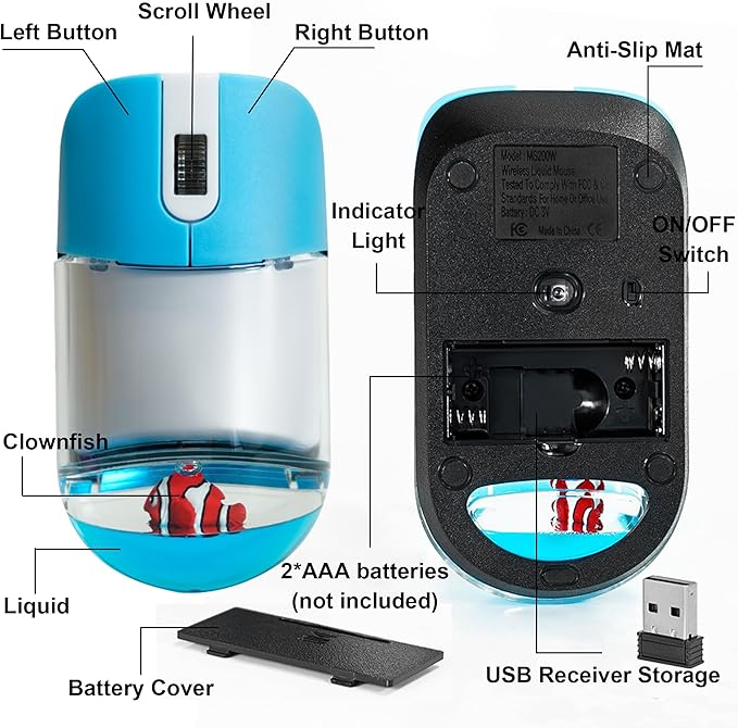 Wireless Mouse with Liquid Water Section &amp Floater Animal Portable Retro Silent Cute Aqua Mouse with USB Receiver Lightweight 1000DPI Optical Clear Water Mice for Laptop PC Computer (Blue Clownfi