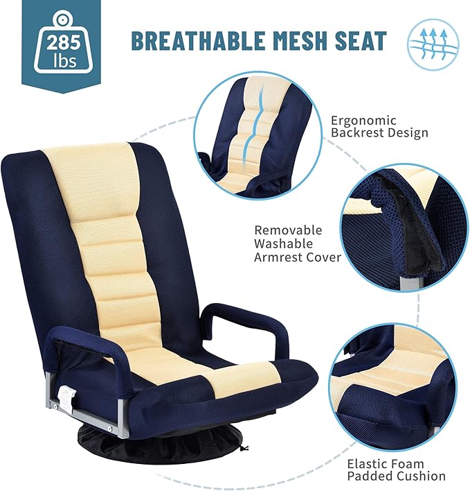 Foldable Floor Gaming Chair Video Gaming Rocker Chair for Adults 360° Swivel Comfort Armrest 7-position adjustable back for TV Reading 330 lbs Support Steel Frame Comfortable Fabrics (Blue+Beige)