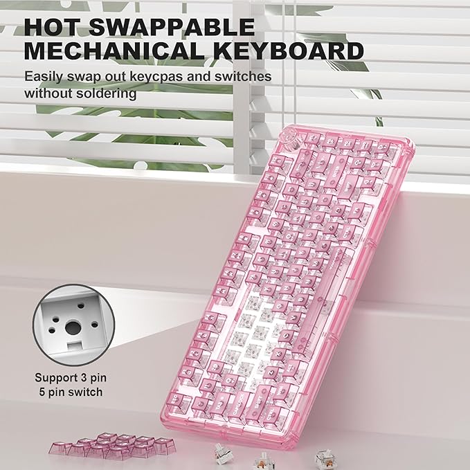 Transparent Mechanical Keyboard 80-Key RGB Backlit Wireless Gaming Keyboards Hot Swap Customizable Clear Acrylic Design Quiet Linear Switches 3 Modes BT5.0/2.4G/USB-C 4000mAh Battery (Pink)