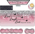 Keyboard Wrist Rest and Mouse Pad with Wrist Support Set Ergonomic CoasterMemory FoamEasy Typing Pain ReliefLarge XL Desk Mat 31.5x 11.8Pink Glitter Quote Live Love Laugh