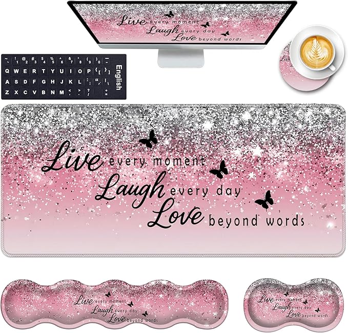 Keyboard Wrist Rest and Mouse Pad with Wrist Support Set Ergonomic CoasterMemory FoamEasy Typing Pain ReliefLarge XL Desk Mat 31.5x 11.8Pink Glitter Quote Live Love Laugh