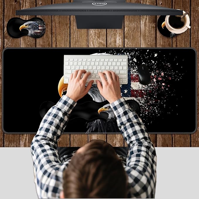 Ergonomic Keyboard Wrist Rest &amp Mouse Pad Wrist Rest SetXL Gaming Desk Mat 31.5x 11.8Non-Slip BaseMemory FoamEasy Typing Pain Relief for Office &amp HomeEagle American Flag