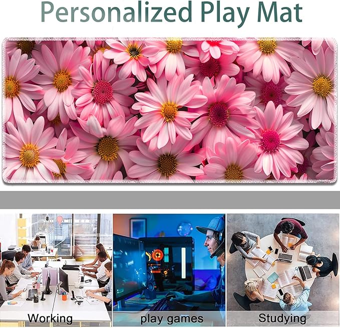 Large Gaming Mouse Pad + Keyboard Wrist Rest + Wrist Support + Coaster Set Memory Foam Ergonomic for Easy Typing XXL Extended Gaming Mouse Pad Table Pad - Pink Daisy