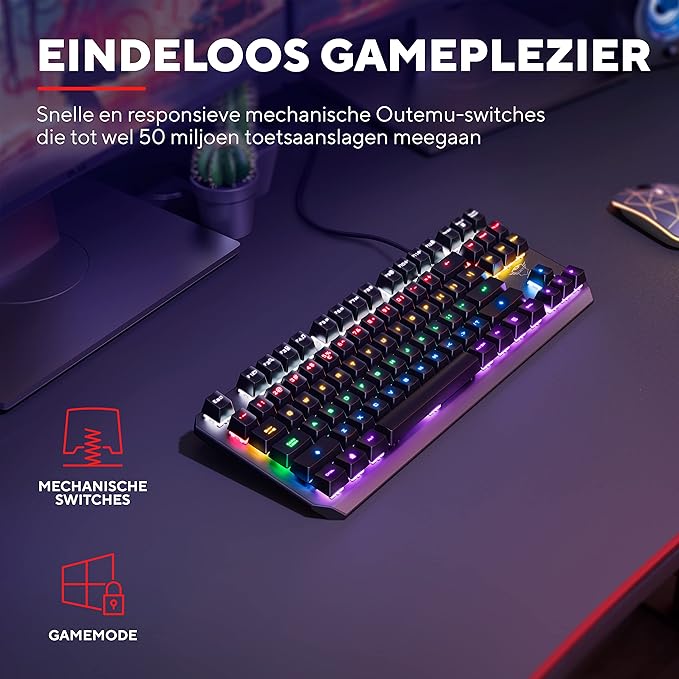 Trust Gaming GXT 834 Callaz TKL Mechanical Keyboard US/NL QWERTY Layout Outemu Switch Multicolor LED Lighting 12 Media Keys USB Gaming Keyboard 80 Percent for PC Laptop Mac Black