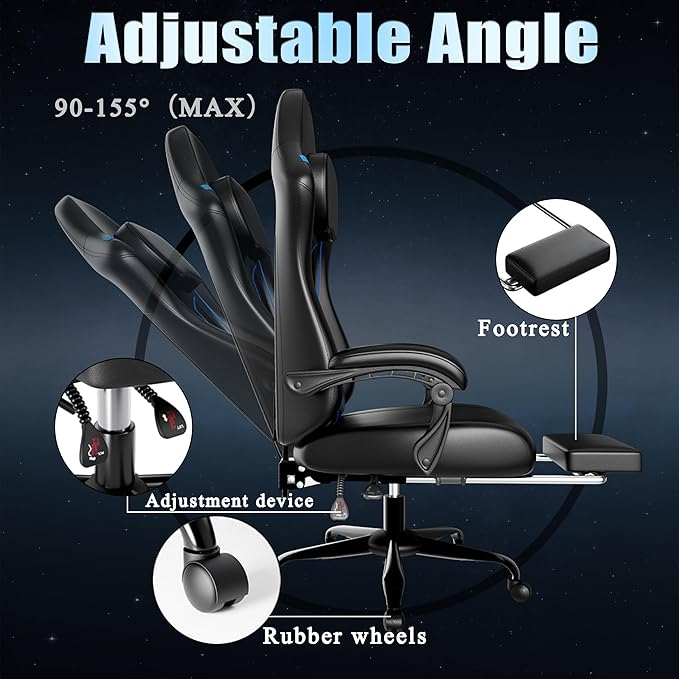 Ergonomic Gaming Chair with Footrest PU Leather Video Game Chairs for Adults 360°Swivel Adjustable Office Chair Gamer Chair Comfortable Computer Chair for Heavy People (Blue)