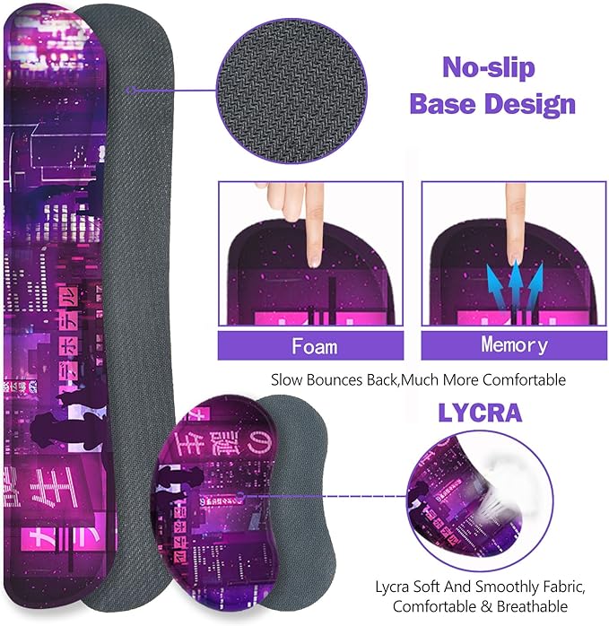 ToLuLu Extended Gaming Mouse Pad Memory Foam Ergonomic Keyboard Mouse Wrist Rest Support Set Large Desk Mat with Stitched Edges Non-Slip Base Mousepad for Home Office Neno City Anime Japanese