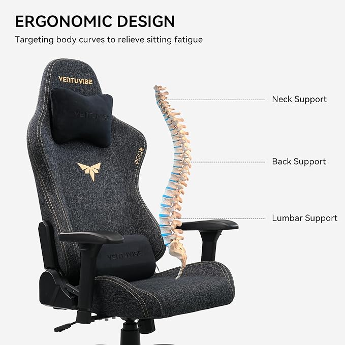 Gaming Chair 4D Adjustable Armrests - 170° Reclining &amp 320lb Capacity High Back Ergonomic Computer Chair with Lumbar Support Fabric Office Chair for Adults (Black)