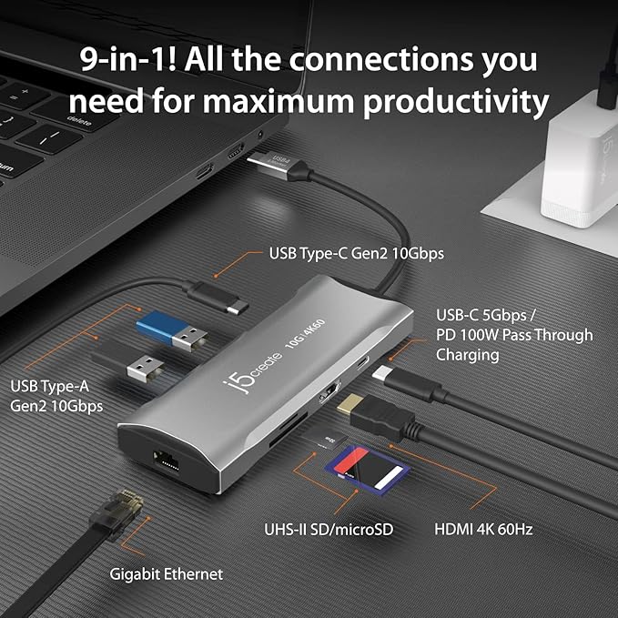 j5create Laptop Docking Station 9-in-1 4K60Hz HDMI USB-C 10Gbps 2 USB-A 10Gbps 100W PD with USB-C 5Gbps Ethernet SD 4.0 Card Reader for MacBook XPS Surface Pro (JCD393)