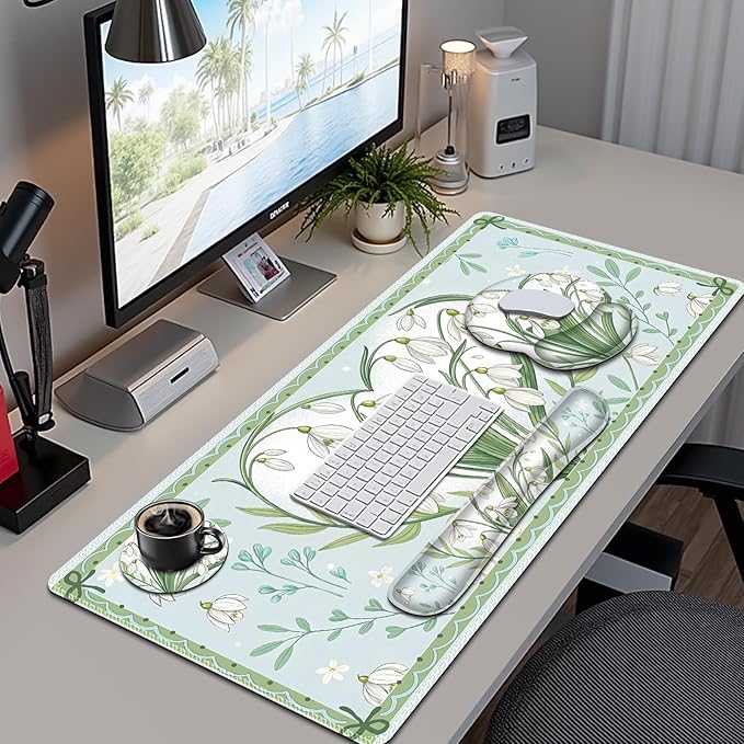 Floral Desk Mat 4in1 Large Mouse Pad with Wrist Rest Desk Matt for Desktop Desk Pad Mat Anti-Slip XXL Big Computer Ergonomic Mousepad with Wrist Support for Keyboard and Mouse I Green Flower Heart