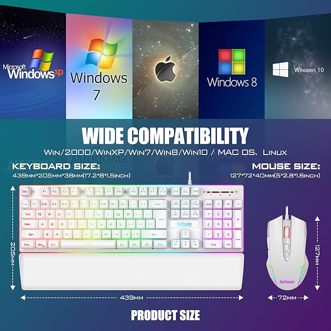 RedThunder K10 Wired Gaming Keyboard and Mouse and Wrist Rest Combo RGB Backlit Mechanical Feel Anti-ghosting Keyboard + 7D 7200 DPI Mice+Soft Leather Wrist Rest 3 in 1 PC Gamer Accessories(White)