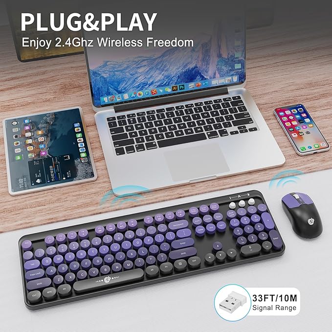 Wireless Keyboard and Mouse Combo 2.4 GHz Wireless Full-Sized Typewriter Keyboard with Round Keycaps for Windows Computer Desktop PC Laptop (BlackPurple)