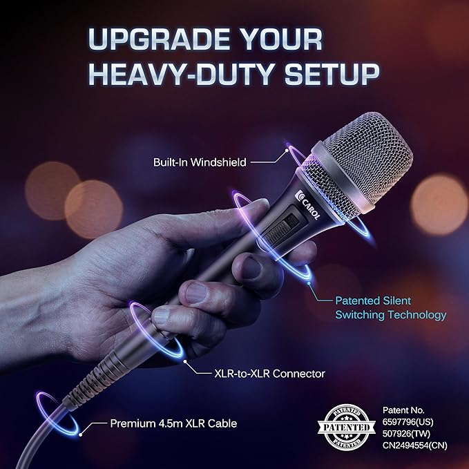 CAROL AC-900S XLR Wired Vocal Microphone – Dynamic Supercardioid Mic with Dual-Engine AHNC Noise Cancelling Tech for Singing Karaoke Stage &amp Studio Includes Mic Clip 14.8ft Cable &amp Switch