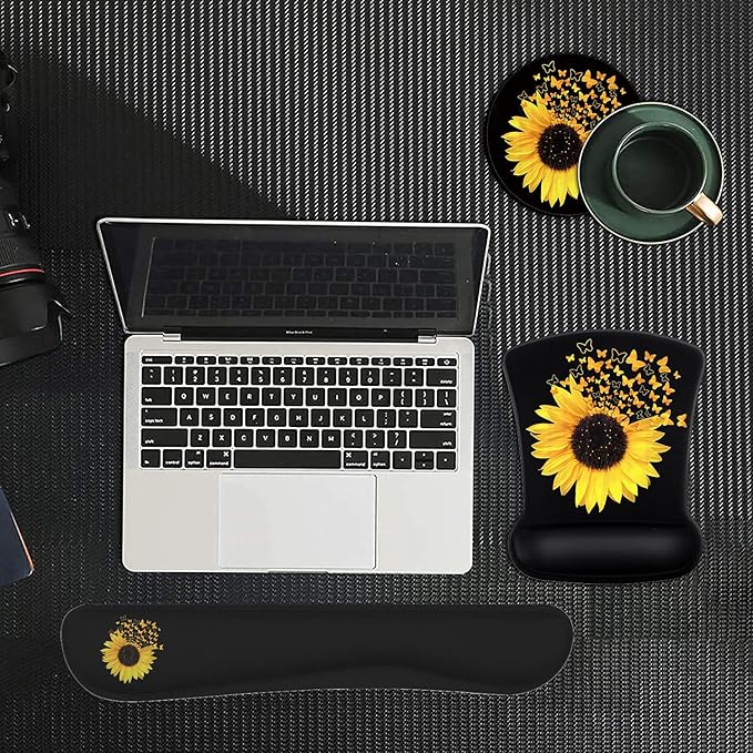 Ergonomic Mouse Pad Wrist Support Gel and Keyboard Wrist Rest Set Sunflowers and Butterflies in Bloom Design for Laptop Mac Gaming and Office Durable Comfortable and Pain Relief + Coaster