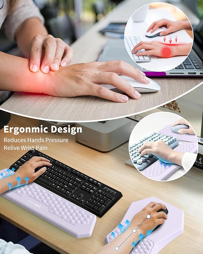 Ergonomic Mouse Pad and Keyboard Wrist Rest Support Set Massage Design Mousepad for Carpal Tunnel Pain Relief Memory Foam Non-Slip PU Base for Computer Desk Purple