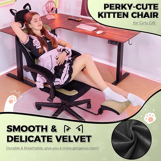 Gaming Chair Cute with Cat Ears Ergonomic Computer Chair with Dog Embroidery Adjustable Memory Foam Lumbar Support and Headrest Comfortable Reclining Office Chair for Girls Teens Women