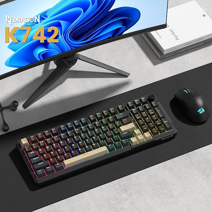 Redragon K742 Wireless Mechanical Gaming Keyboard with Knob Bluetooth 5.0/2.4GHz/USB C Wired Creamy Keyboard with Number Pad for PC Computer RGB Backlits Hot-Swappable with Linear Switches (Brown)