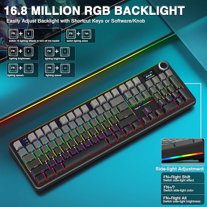 AULA F108 PRO - Wireless Mechanical Keyboard with Screen &amp KnobFull Size Keyboard with 8000mAh BatteryPre-lubed SwitchesSide Printed PBT KeycapsRGB Backlit Hot Swappable Custom Gaming Keyboard