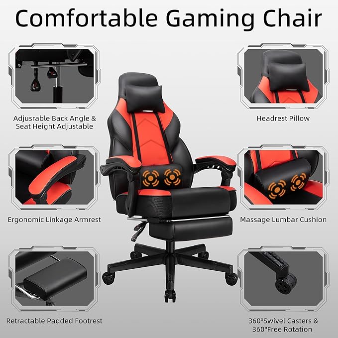 Shintenchi Gaming Chair with Footrest Massage Lumbar Support Height Adjustment and 360° Swivel Seat. Ergonomic Design for Gaming