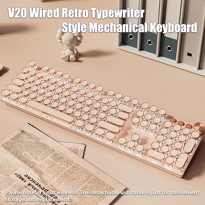 Typewriter Style Mechanical Gaming Keyboard White LED Backlit 104-Key NKRO Pink Switches Retro Round Keycaps Golden Ring Volume Knob Metal Panel Wired USB-C Detachable Cable Rose Gold