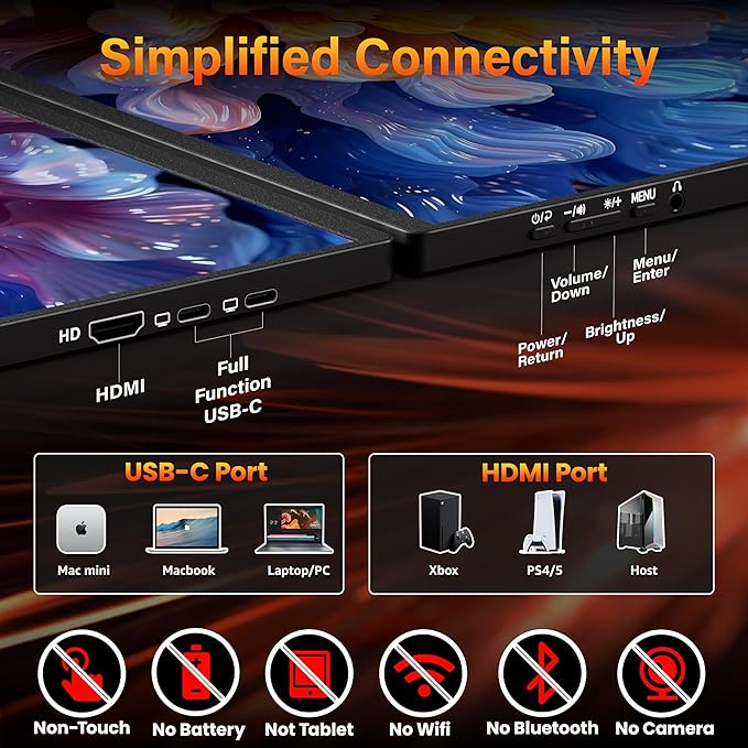 Portable Monitor 16 inch 2K QHD 2560X1600 450 Nits 106% sRGB 144 Hz HDR HDMI USB-C Travel Monitor for Laptop Mac PC Surface PS5 Xbox External Display with Cover &amp Speakers VESA Compatible