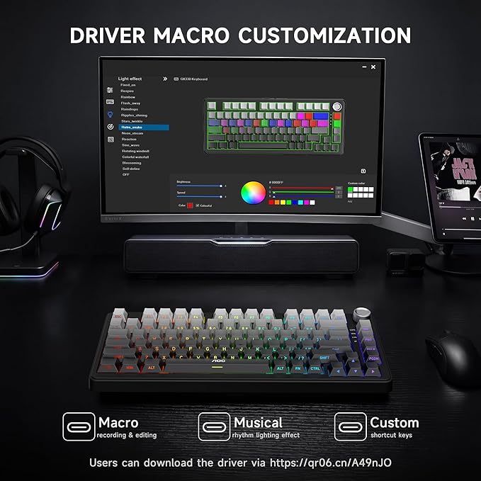 AOC GK330 Gaming Keyboard Hot Swappable Wireless Mechanical Keyboard Support BT/2.4GHz/USB-C RGB Backlit Pre-lubed Reaper Switches Anti-ghosting 75% Gasket Custom Keyboard with Five-Layer Padding