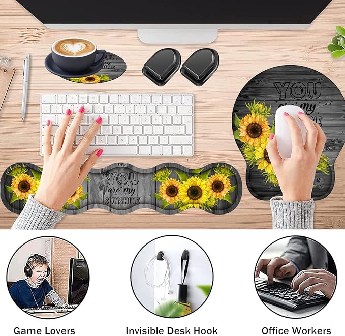 Keyboard Wrist Rest Support and Wrist Rest Mouse Pad with Non-Slip PU Base with Coaster Hook Gel Memory Mouse Pad Combo for Gaming Office Pain Relief - Wood Grain and You are My Sunshine