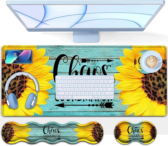 Desk Pad Keyboard Mouse Pad Set Extended Gaming Mouse Pad+ Ergonomics Memory Foam Wrist Rest Support31.5x11.8in Waterproof Large Mouse Pad for Home OfficeChaos Coordinator Sunflower XXL Mouse Mat