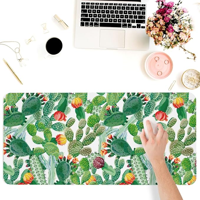 Cactus Plant Large Mouse Pad Gaming Mousepad with Wrist Support Rubber Computer Keyboard Mat for Desk Laptop Non-Slip Full Deskmat Protector Waterproof Writing Pad Office Home 16x35.5 in