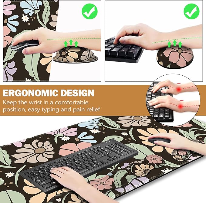 ARTSO Keyboard Wrist Rest Large Mouse Pad Wrist SupportBlack Floral 4in1 Keyboard Pad Desk MatErgonomic Memory Foam Wrist Support Cushion for Home Office