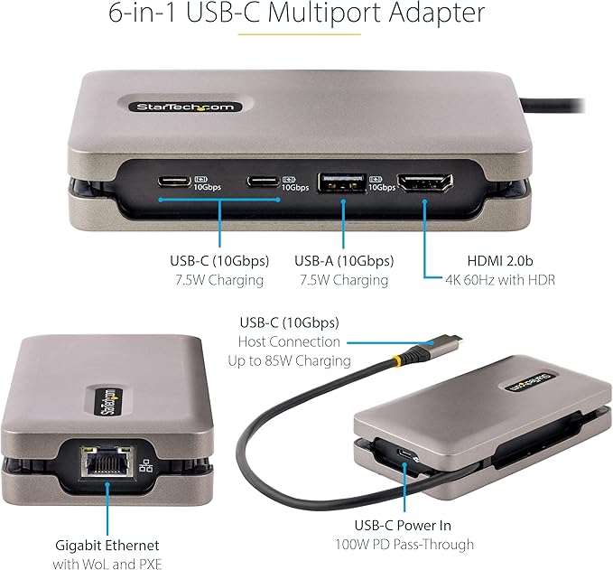 StarTech.com USB-C Docking Station for MacBook Pro M1 M2 M3 M4 and Windows 4K 60Hz HDMI HDR USB 10Gbps Hub 100W Laptop Charging GbE 1ft/30cm Cable