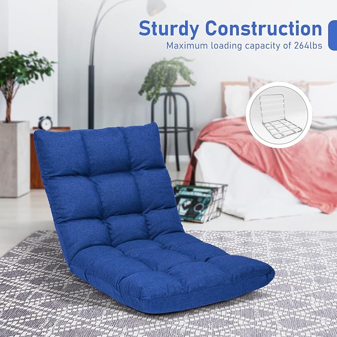 MAT EXPERT 14-Position Floor Chair Floor Gaming Chair w/Resilience Sponge Alloy Steel Frame Padded Bed Couch Recliner Floor Chair with Back Support for Reading Meditating (Blue)