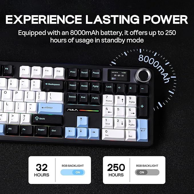 EPOMAKER X Aula F108 PRO Wireless Gaming Keyboard with Screen 8000mAh Battery 104 Hot-Swappable and Programmable Keys and Knob RGB Backlight for Mac/PC/Android (Blue&ampWhite&ampBlack)