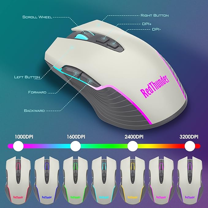 RedThunder K10 Pro Wireless Gaming Keyboard and Mouse Combo RGB Backlit Rechargeable 3800mAh Battery Mechanical Feel Anti-ghosting Keyboard + 7D 3200DPI Mice for PC Gamer(White Gray)