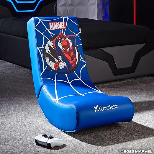 X-Rocker Official Marvel Spider-Man Video Rocker Gaming Chair for Juniors Folding Rocking Seat Spiderman Licensed Console Gaming Seat Faux Leather Chair for Children Hero - Spider Man Edition BLUE