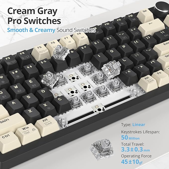400PRO 75% Wireless Creamy Mechanical Keyboard Black Gasket Hot Swappable RGB Gaming Keyboard Bluetooth/2.4GHz/USB-C Thocky Keyboard with Pre-lubed Cream Grey Switches (82 Black)